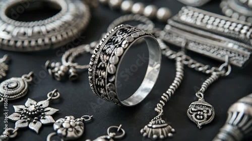 Ornate silver jewelry collection with rings, bracelets, and pendants on dark background.