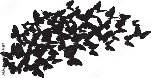 Black butterfly silhouettes forming a cluster against a white background