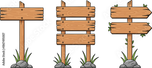Wooden signboards collection vector illustration with blank rustic direction signs isolated on white background for outdoor signage design