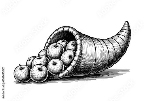 Traditional Cornucopia Outline with Apples in Engraving Style Vector Illustration