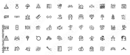 Love & Wedding icon set. Vector illustrations for Church, Rings, Cake, Bouquet, Hearts, and more. Includes symbols for bride, groom, celebration, travel, and romance.