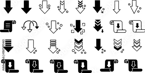 Down arrow vector icon set. scroll illustration sign collection.
