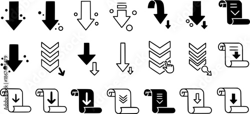 Down arrow vector icon set. scroll illustration sign collection.
