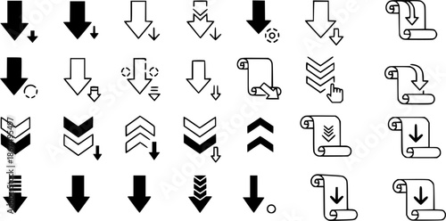 Down arrow vector icon set. scroll illustration sign collection.
