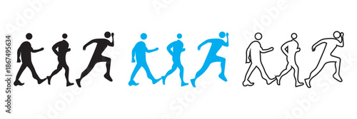 Man stands, walk and run icon . Minimalist pictogram shows human figure progressing from standing to walking and running, illustrating movement, speed increase, and activity stages.