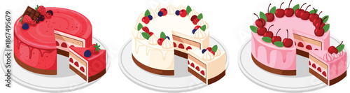 Berry cake collection vector illustration with sliced strawberry and cherry desserts isolated on white background for bakery design