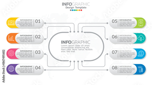 Infograph 8 element with center circle. graphic chart diagram, business timeline graphic design with icons.