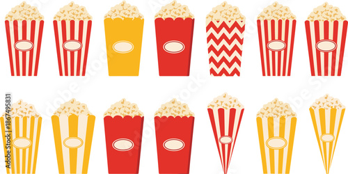Cinema popcorn boxes collection vector illustration with striped takeaway containers in various shapes and colors isolated on white background