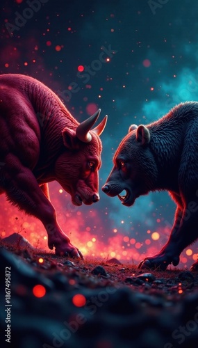 Intense bull and bear struggle, dynamic stock market graph, design, market, abstract