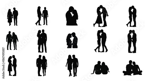 Collection of black silhouette illustrations of couples in various romantic poses and relationships on white background for graphic design