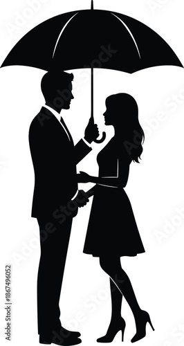 Romantic silhouette of couple standing under umbrella symbolizing love, protection, intimacy, and togetherness during rainy moments isolated on white background