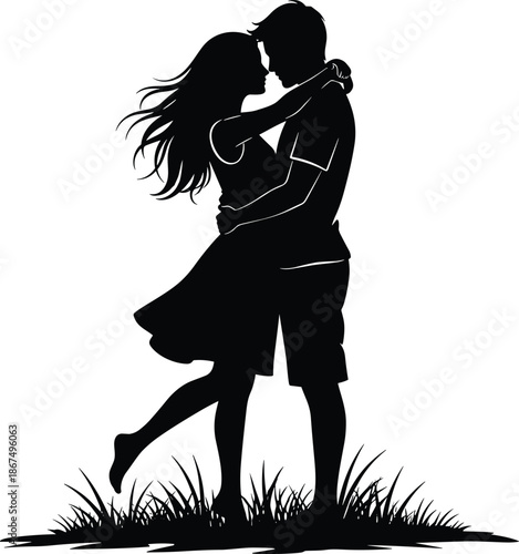 Romantic silhouette of young couple embracing outdoors expressing love, intimacy, passion, and emotional connection in a tender relationship moment