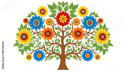 Vibrant Tree of Life with Colorful Flowers and Green Leaves
