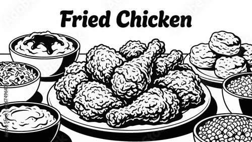 crispy fried chicken served with side dishes Black and white vector illustration, representing Southern American comfort food in clean line style