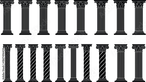 Classical architectural columns collection vector illustration with various ancient pillar styles isolated on white background for design