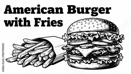 classic American hamburger with layered bun, beef patty, cheese, lettuce, and fries Black and white vector illustration, designed for menus, branding, and editorial use 