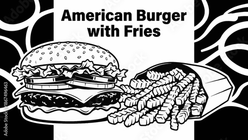 classic American hamburger with layered bun, beef patty, cheese, lettuce, and fries Black and white vector illustration, designed for menus, branding, and editorial use 