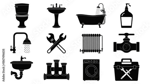 A set of 12 black and white plumbing and bathroom icons arranged in a 3x4 grid.