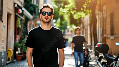 Casual man in sunglasses walking along sunny urban street.