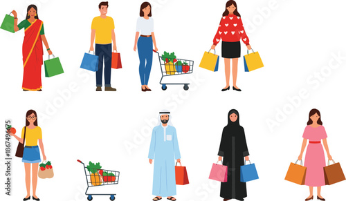 People Shopping Activities Illustration Set with Diverse Characters Carrying Bags, Grocery Cart, and Retail Lifestyle Concepts for Commercial Designs