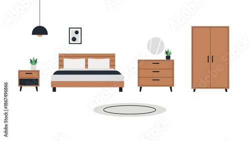 Modern Bedroom Furniture Set - Flat Design Illustration