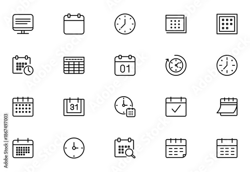 Calendar and Time Icon Set. Flat Vector Calendar Symbols and Clocks. Thin outline icons pack. Vector illustration
