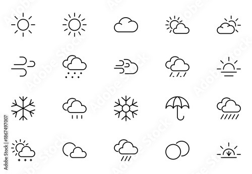 Weather Line Icons Set. Sun, Rain, Snow, Clouds, Storms, And More. Perfect For Forecasts, Apps, Websites. Thin outline icons pack. Vector illustration