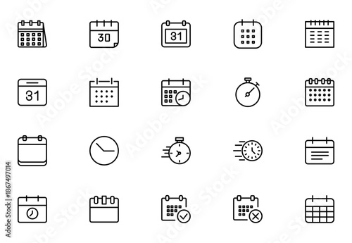 Calendar and Time Icon Set. Flat Vector Calendar Symbols and Clocks. Thin outline icons pack. Vector illustration