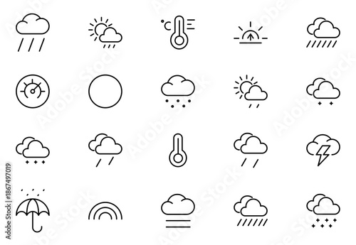 Weather Line Icons Set. Sun, Rain, Snow, Clouds, Storms, And More. Perfect For Forecasts, Apps, Websites. Thin outline icons pack. Vector illustration