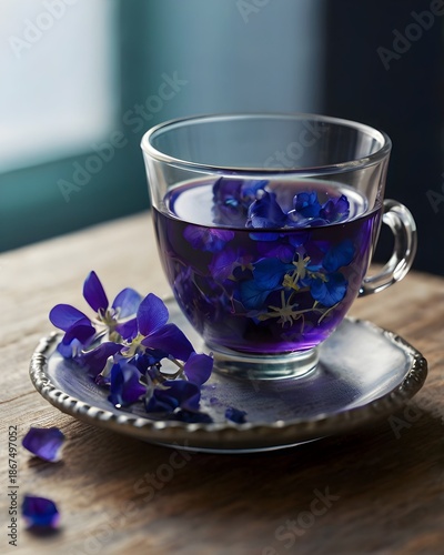 Glass cup of blue pea flower tea with vivid purple color, infused with butterfly pea flowers. Herbal tea served on a saucer in soft natural light with elegant presentation.