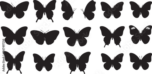 Black silhouette butterflies arranged in a grid pattern on a white background