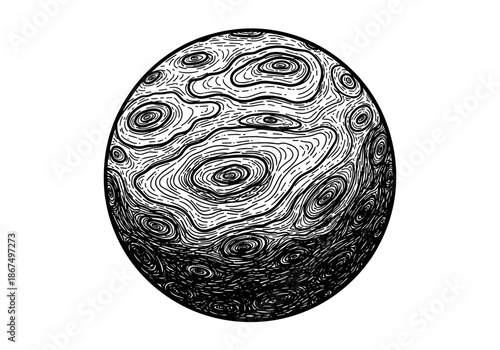Engraved celestial body with abstract topographical lines, vintage planet or moon illustration.