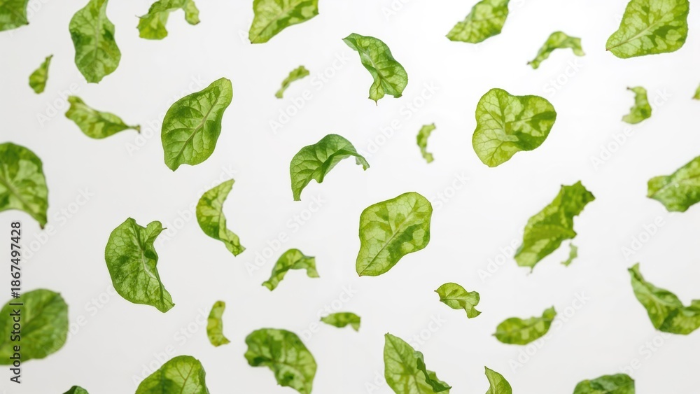 Fototapeta premium Green lettuce leaves floating in the air against a white background.