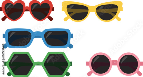 Colorful fashion sunglasses collection vector illustration with heart round square and geometric frames isolated on white background