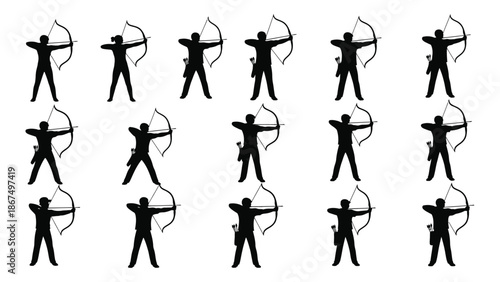 Silhouettes of archers in various poses demonstrate the art of archery