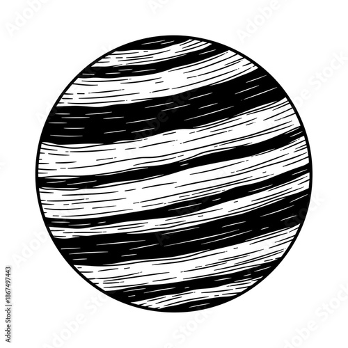 Vintage engraved illustration of a striped gas giant planet, reminiscent of Jupiter, celestial art.