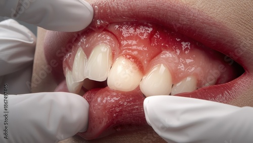 Inflamed gums close up, dental disease and gum infection oral health problem