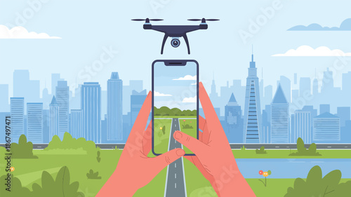 Person holding smartphone with drone flying above city and park landscape cityscape 