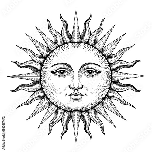 Vintage engraved sun with a serene human face, radiating sun rays, celestial mythology illustration.