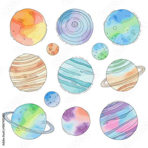 Watercolor style cosmic planets with rings and dot texture, a set of colorful celestial bodies.