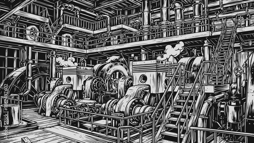 Industrial machinery in a black and white factory setting