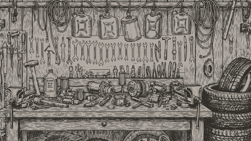 Well-Equipped Garage Workbench with Tools and Car Parts