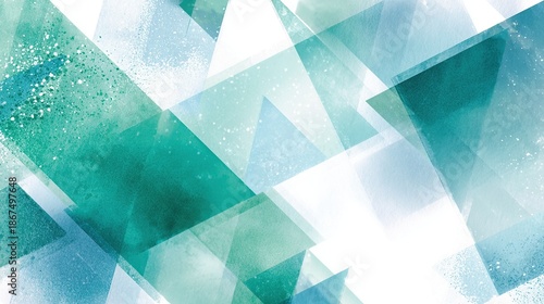 Abstract watercolor geometric shapes in blue and green with splatter