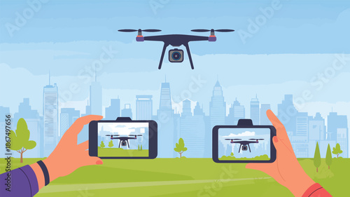 Person flying drone in city park with smartphone control and view