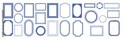 Doodle frame set, vector hand drawn stamp border, vintage abstract wavy post stamp simple design. Blue decorative rectangle label, empty banner shape collection. Coastal retro postmark doodle frame