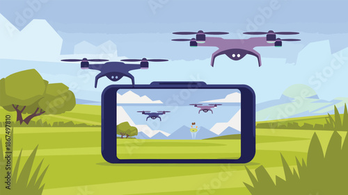 Drones flying over a green landscape with a person and a smartphone displaying a drone view of hills and des