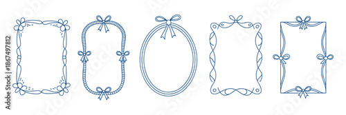 Wedding ribbon frame, doodle watercolor bow border set, vector hand drawn holiday invitation design. Coquettish girly wavy line print, birthday greeting minimalist cute decor. Elegant ribbon frame