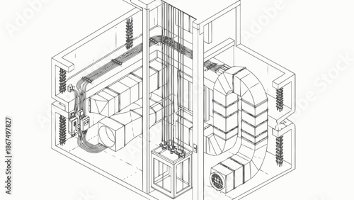 Technical Isometric Illustration of Building HVAC Ductwork and Elevator Core Systems