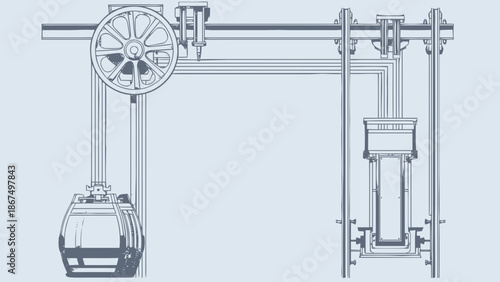 Technical Drawing of a Cable Car Pulley System and Passenger Cabin Mechanism