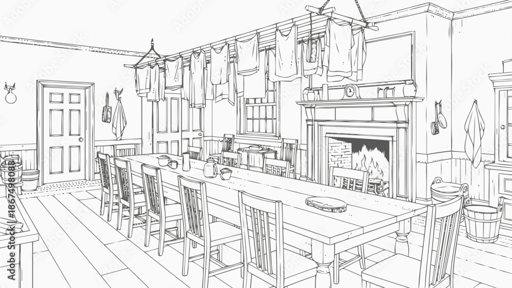 Fototapeta premium Charming Rustic Dining Room Interior Sketch with Fireplace and Drying Laundry Line Art